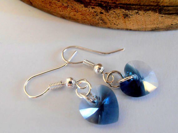 Crystal/Montana Blend Heart Earrings / Minimalist Jewelry / Dangle Drop,10x10mm / Blue Crystal / Silver plated Hook / 