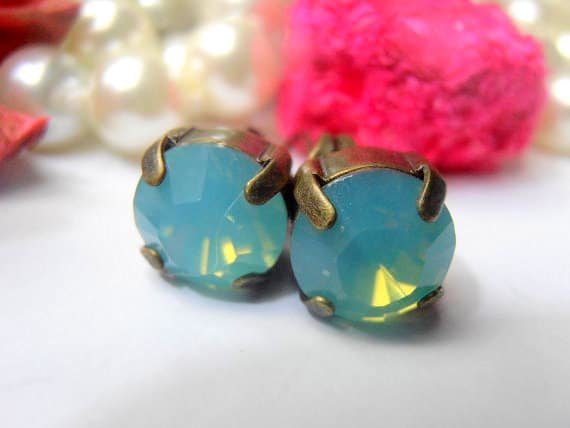 Bronze Stud Earrings, Pacific Opal Crystal Studs, Post Pierced Earrings 8mm, Antique Jewelry, Girls Birthday Gift for Girlfriend