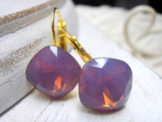 Cyclamen Opal Square Gold Earrings 12mm / Dangle & Drop / Cushion Cut 4470 / Wedding Jewelry / Birthday Gift