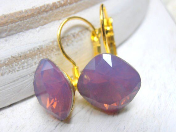 Cyclamen Opal Square Gold Earrings 12mm / Dangle & Drop / Cushion Cut 4470 / Wedding Jewelry / Birthday Gift