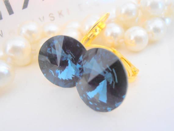 Dark Sapphire Blue Dangle Gold Earrings with Rivoli Crystals 14mm / Round Drop Lever back / Birthday Jewelry