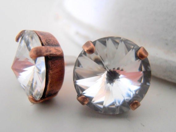 Clear Crystal Stud Earrings in Antique Copper Plating