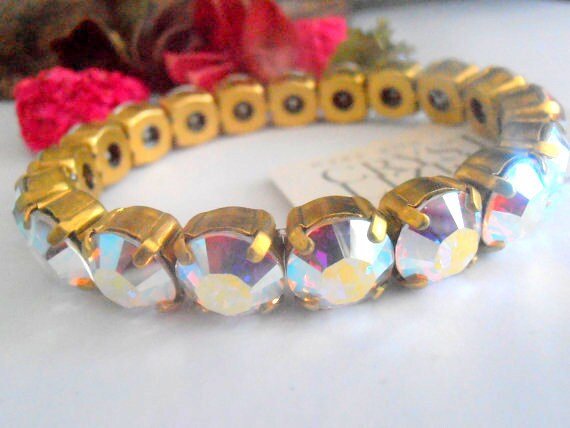 Aurora Borealis Gold Stretch Bracelet / Sew on Crystal Bracelet / 10mm Antique jewelry / Wedding Bridal Link Bracelets