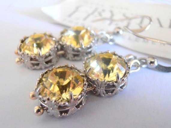 Citrine Yellow Art Deco Drop Earrings / Platinum Hook Dangle Jewelry / Birthday Gift / Joquil Crystals /