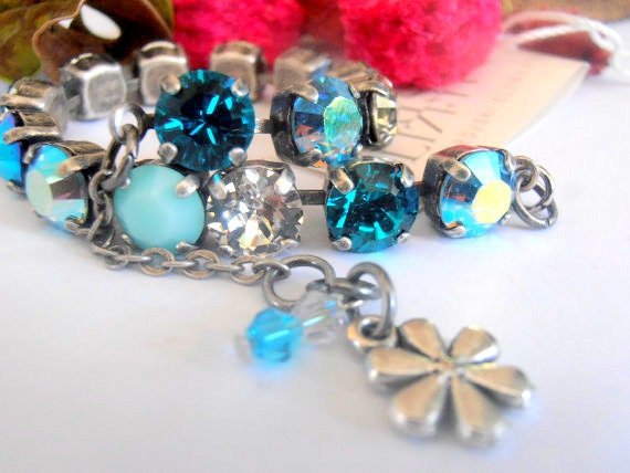 Mint/Blue Multi-colors Crystal Bracelet, Tennis Cup chain, Georgian jewelry, Antique Silver, Women Gift