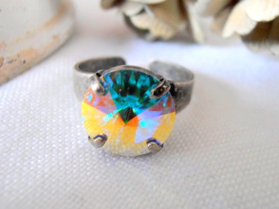 Aurora Borealis Rivoli Adjustable Band Ring with Austrian Crystal 12mm 1122, Antique Silver Cuff Ring, Women Jewelry