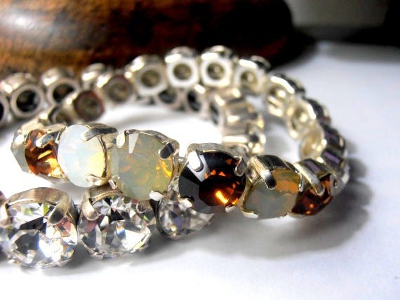 Crystal Brown Stretch Cuff Bracelet with Chatons 8mm / Multi-colors Everyday jewelry / Silver Sew on Setting / Birthday gift