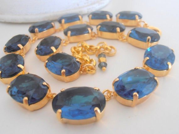 Dark Sapphire Crystal Necklace in Gold | Anna Wintour Blue Choker