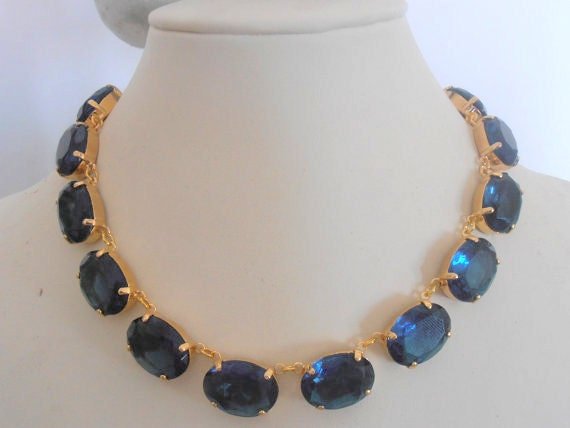 Dark Sapphire Crystal Necklace in Gold | Anna Wintour Blue Choker