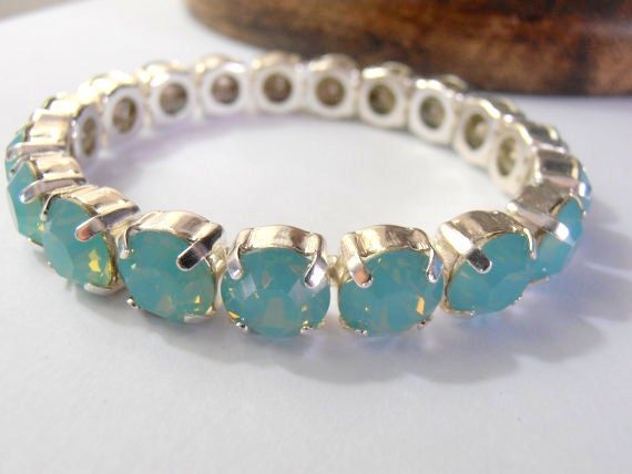 White Opal Pacific Blue Stretch Bracelets / Sew On Crystal Bracelet / Round Chatons Silver setting / Birthday Gift for her