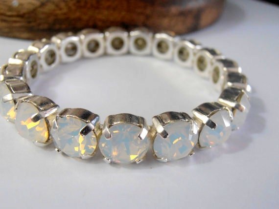 White Opal Pacific Blue Stretch Bracelets / Sew On Crystal Bracelet / Round Chatons Silver setting / Birthday Gift for her