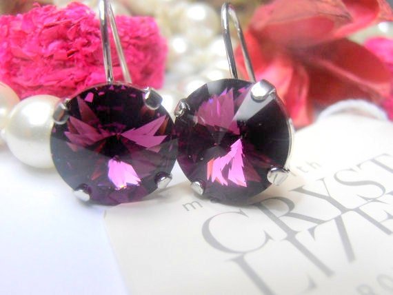 Amethyst Rivoli Dangle Crystal Earrings • Platinum Jewelry • Round Hook Setting 12mm • Birthday Gift