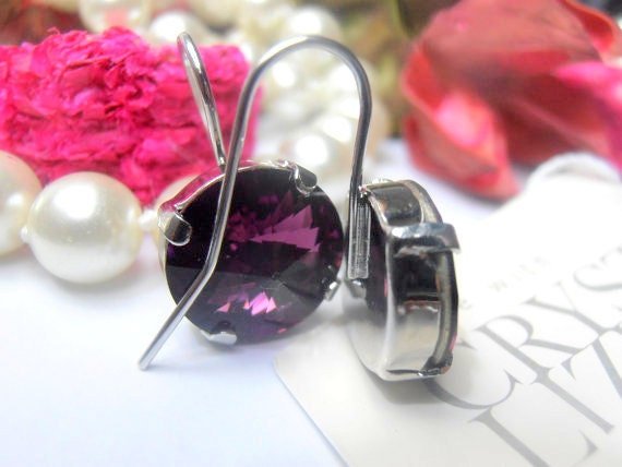 Amethyst Rivoli Dangle Crystal Earrings • Platinum Jewelry • Round Hook Setting 12mm • Birthday Gift