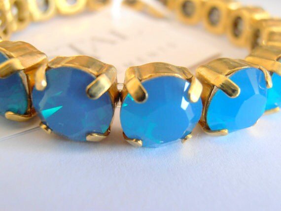 Caribbean Blue Opal Stretch Bracelet / Sew On Crystal Cuff / Antique Gold setting / Round Cup Bracelet / Gift for her