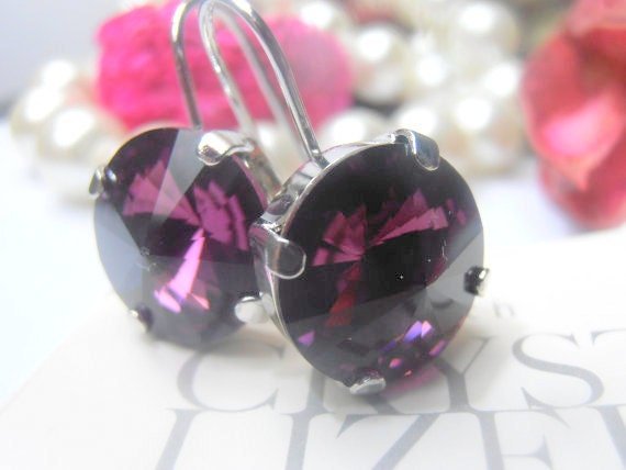 Amethyst Rivoli Dangle Crystal Earrings • Platinum Jewelry • Round Hook Setting 12mm • Birthday Gift