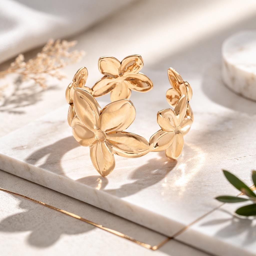 Stainless Steel Flower Cuff Ring Waterproof Jewelry
