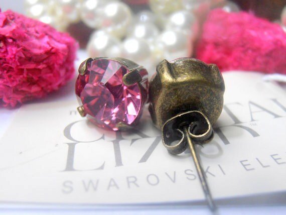 Rose Petal Post Bronze Earrings Crystal Chatons 8mm/ Round Pierced Studs / Antique Jewelry / Girl Birthday Gift