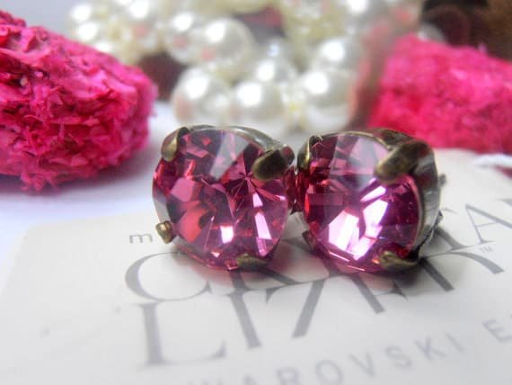 Rose Petal Post Bronze Earrings Crystal Chatons 8mm/ Round Pierced Studs / Antique Jewelry / Girl Birthday Gift