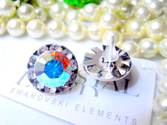 Aurora Borealis Halo Stud Earrings, Wedding Crystal Studs, Bridal Post Bridesmaid Earrings, Wedding Jewelry Gift