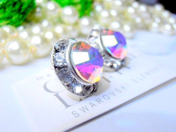 Aurora Borealis Halo Stud Earrings, Wedding Crystal Studs, Bridal Post Bridesmaid Earrings, Wedding Jewelry Gift