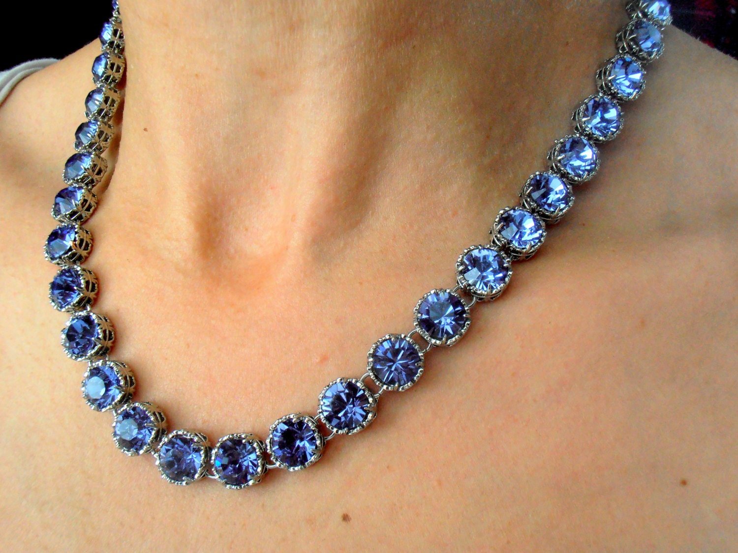 Tanzanite Art Deco Crystal Necklace, Blue Filigree Wedding Choker For Anniversary, Jewelry Gift For her