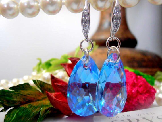 Aquamarine Blue Bridal Earrings / Wedding Jewelry / Tear Drop Earrings / 925 Sterling Silver Hook / Bridesmaid gift