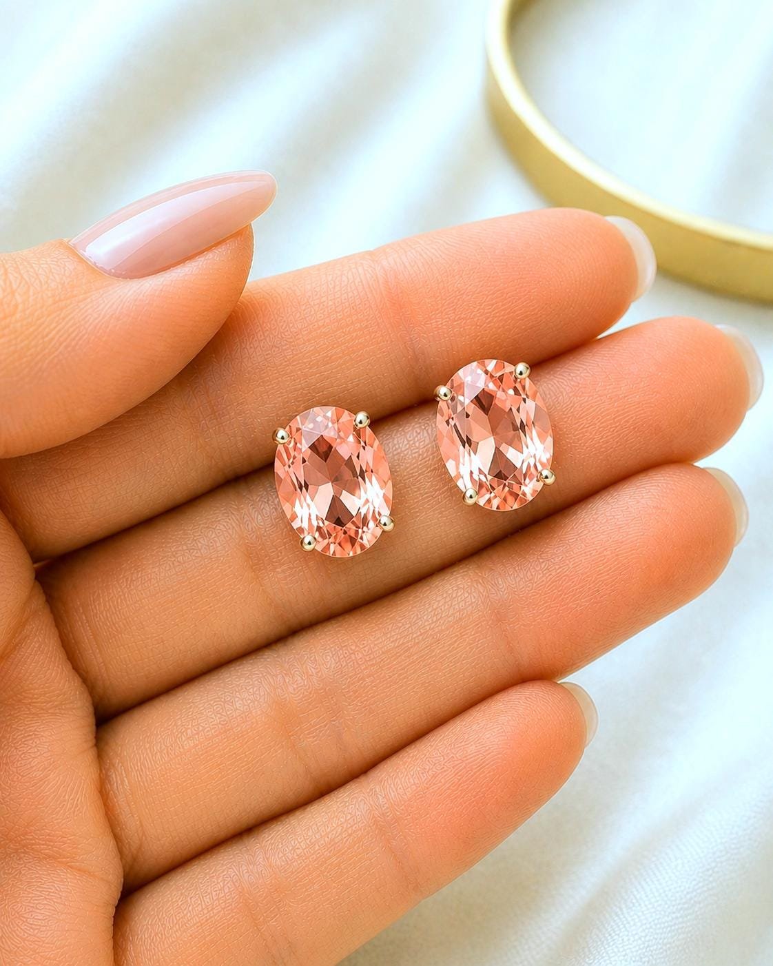 Padparadscha Peach Earrings | Oval Crystal Studs Gold Jewelry