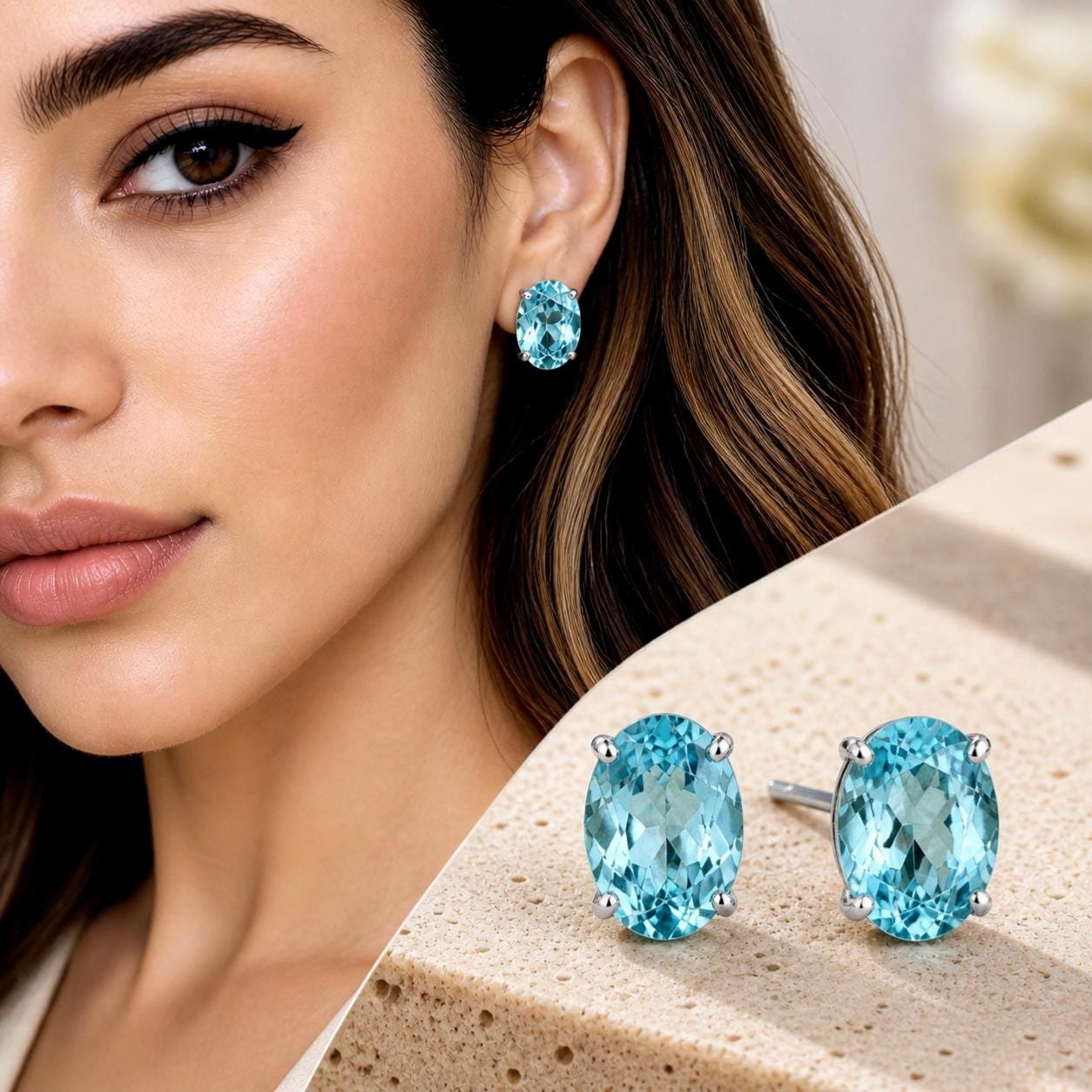 Aquamarine Crystal Earrings | Blue Oval Austrian Crystal Studs | Elegant Jewelry Gift