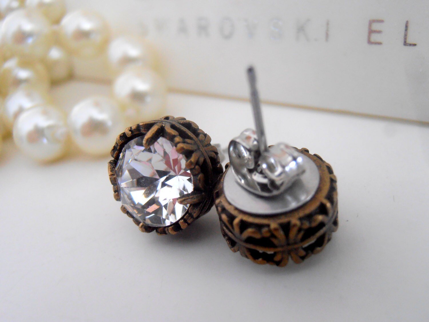 Art Deco Studs with Clear Crystals / Bridal Jewelry / Antique Bronze Filigree Pierced Post / Vintage Accessories