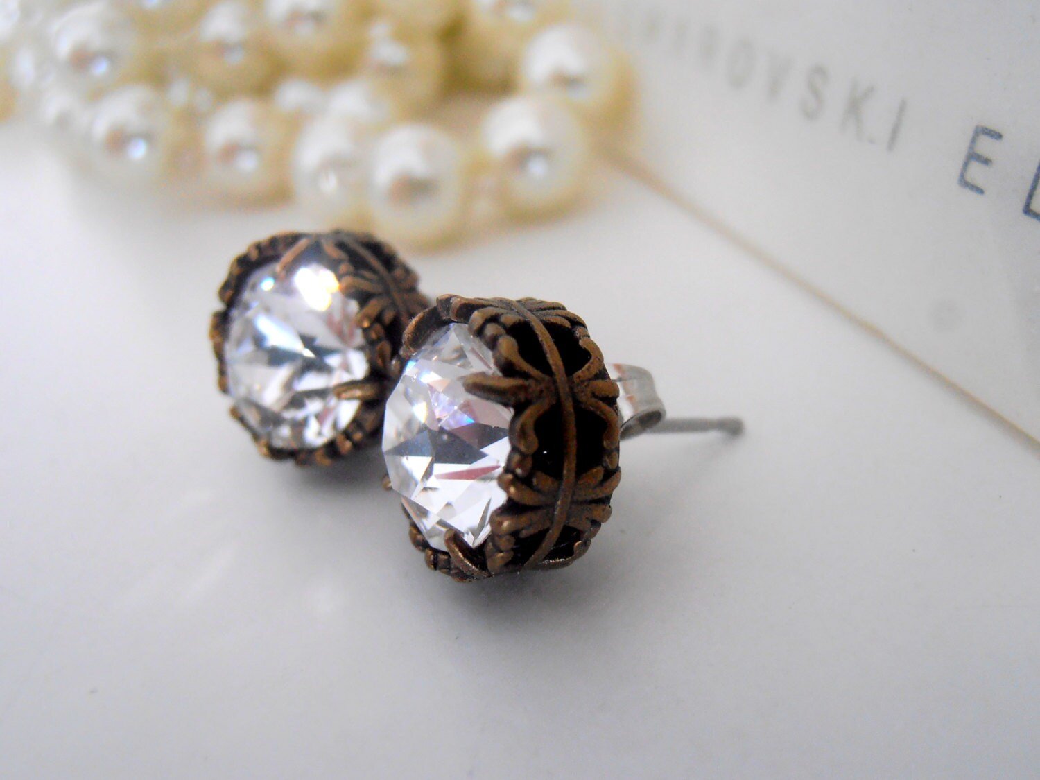 Art Deco Studs with Clear Crystals / Bridal Jewelry / Antique Bronze Filigree Pierced Post / Vintage Accessories