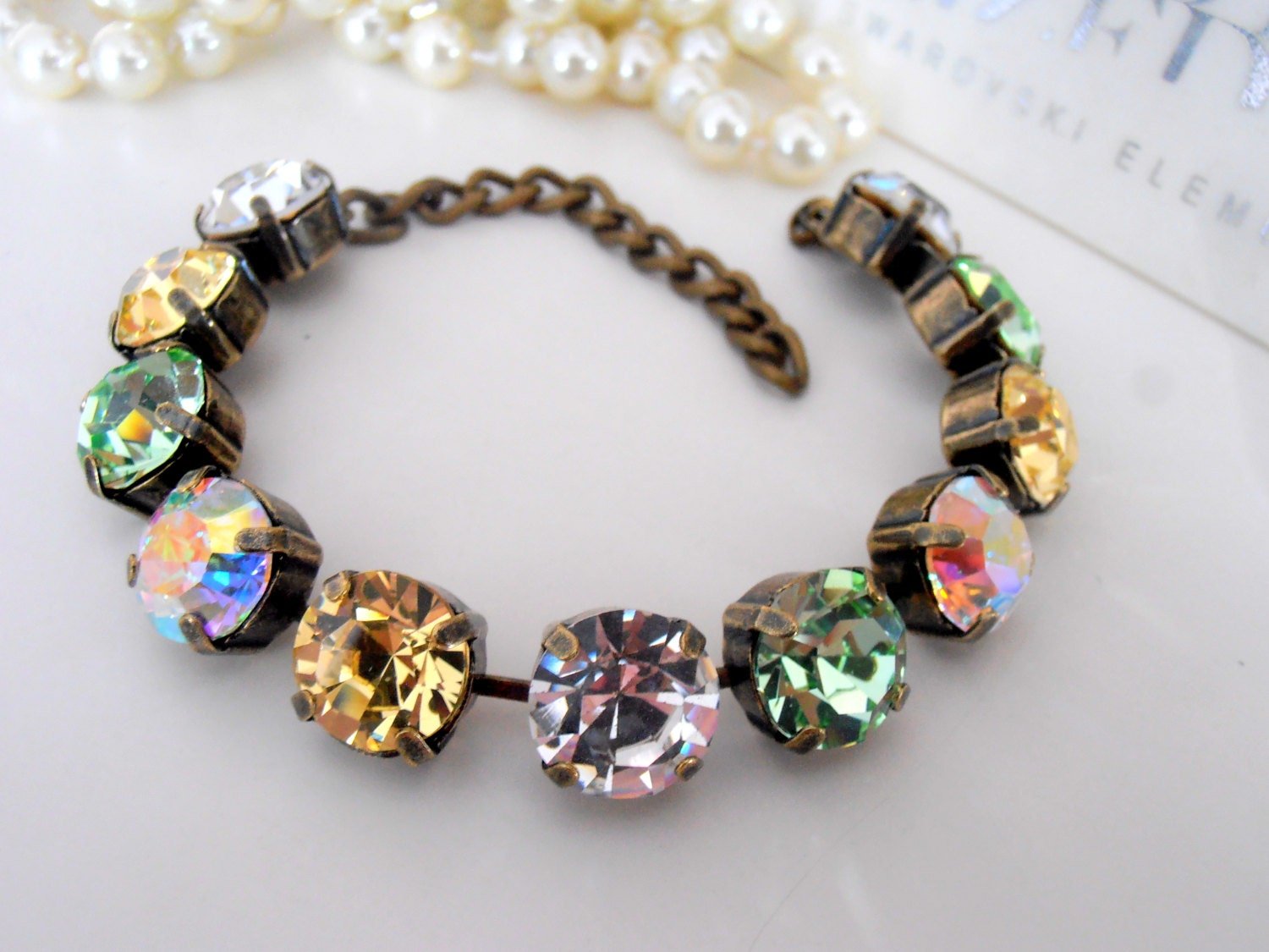 Multi-colors Cup chain Crystal Bracelet, Antique Bronze Tennis Jewelry, Women Fashion Accessories, Birthday gift for her