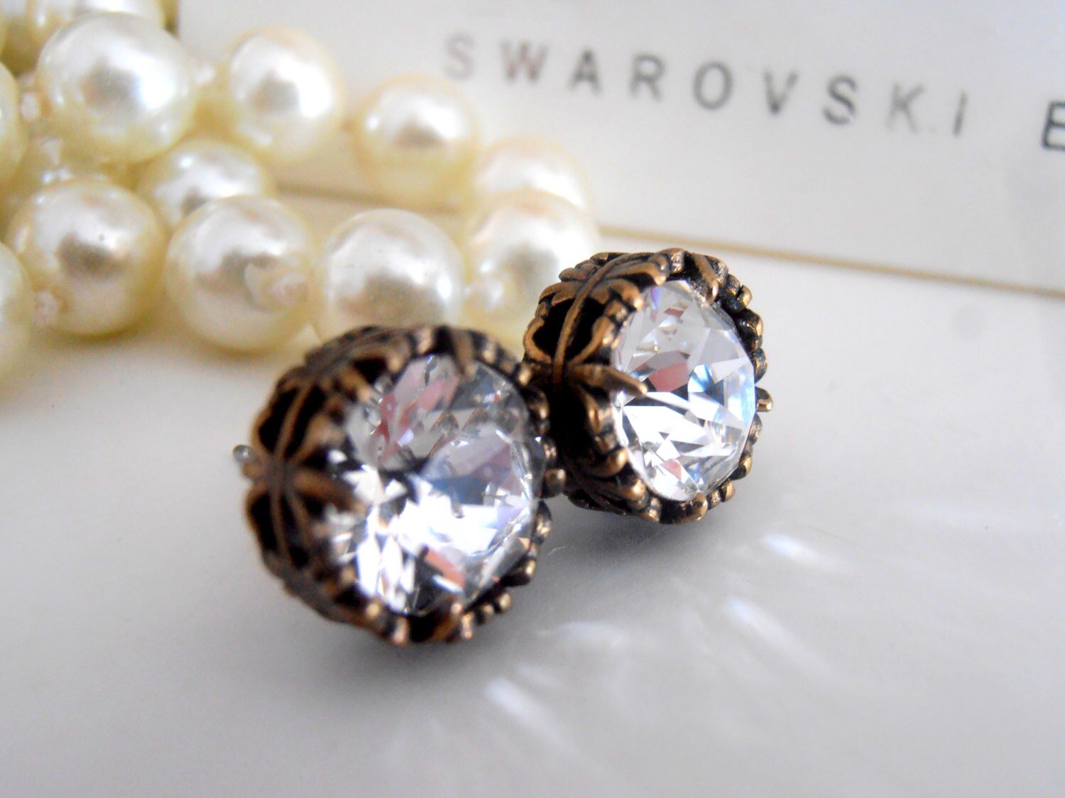 Art Deco Studs with Clear Crystals / Bridal Jewelry / Antique Bronze Filigree Pierced Post / Vintage Accessories