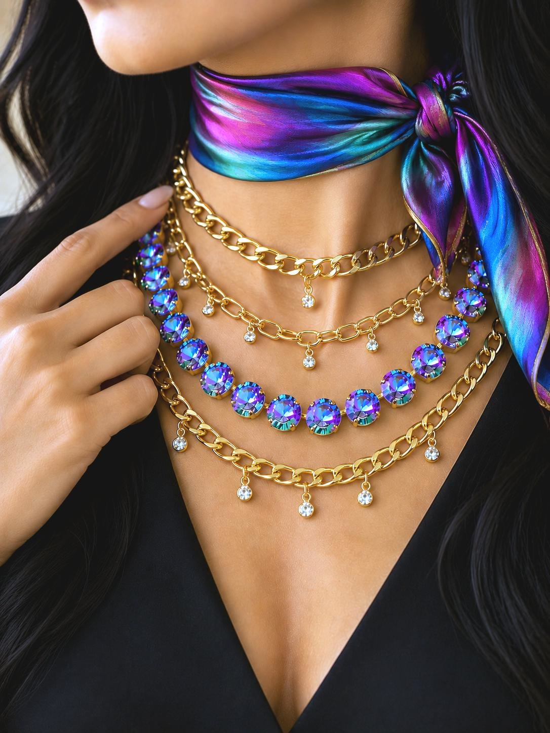 Layered Crystal Necklace with Crystal Charms | Layering Statement Necklace