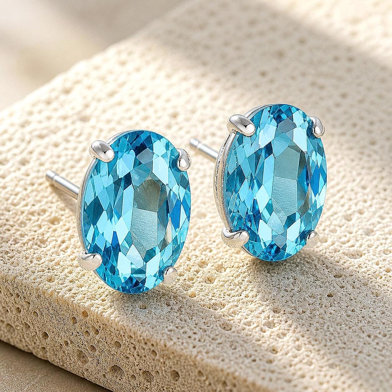 Aquamarine Crystal Earrings | Blue Oval Austrian Crystal Studs | Elegant Jewelry Gift