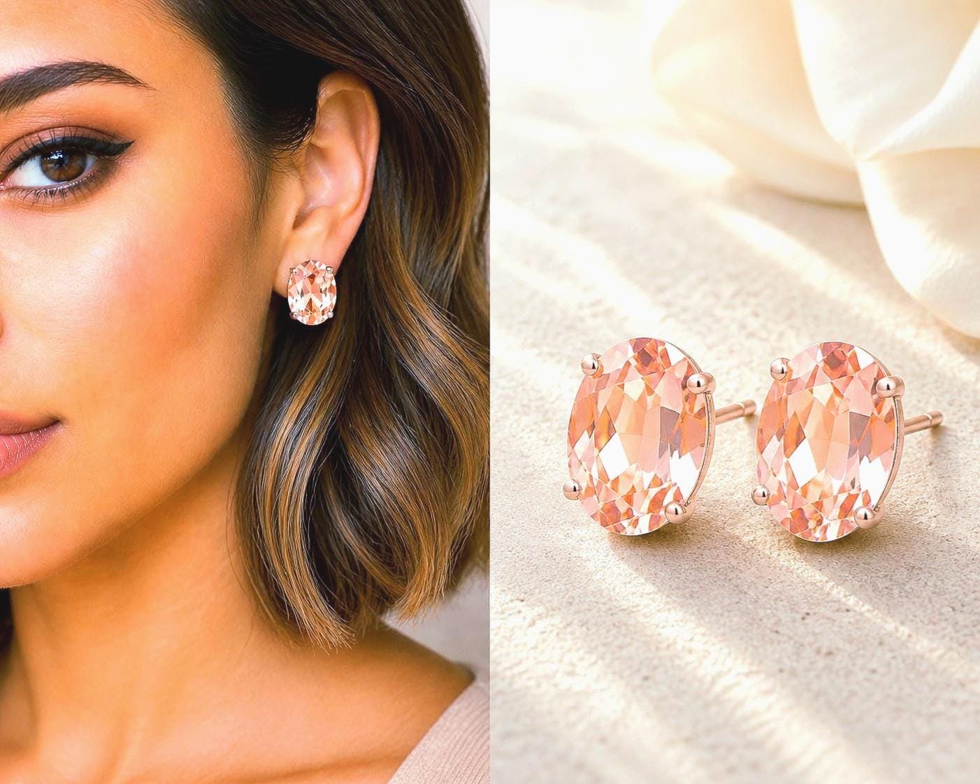 Padparadscha Peach Earrings | Oval Crystal Studs Gold Jewelry