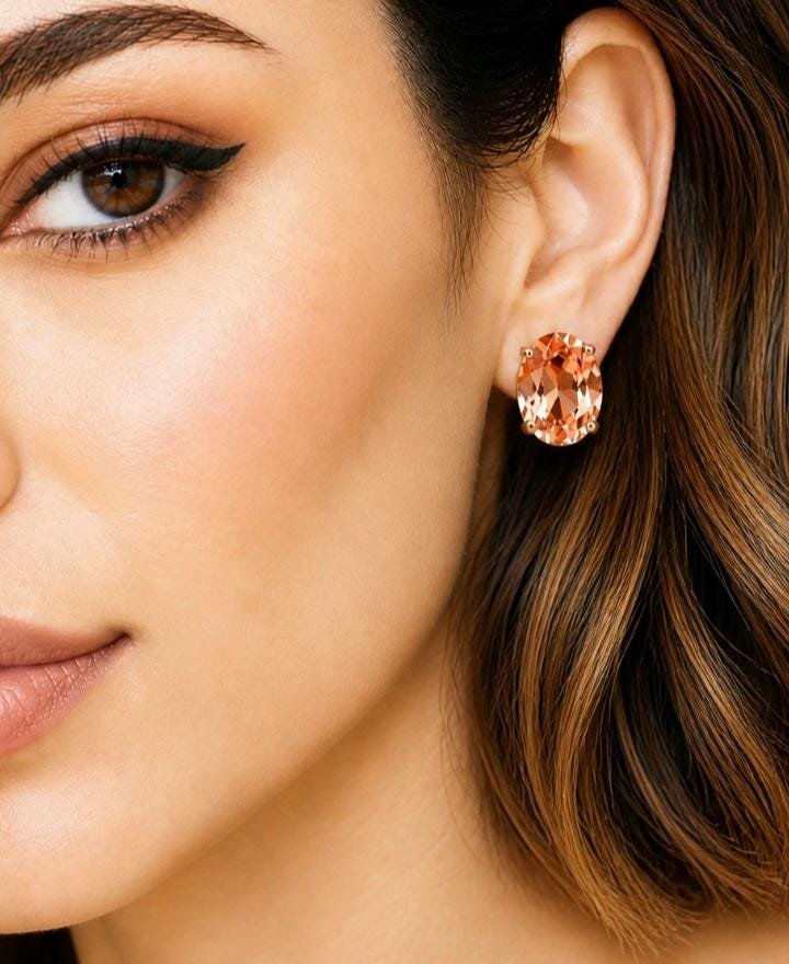 Padparadscha Peach Earrings | Oval Crystal Studs Gold Jewelry