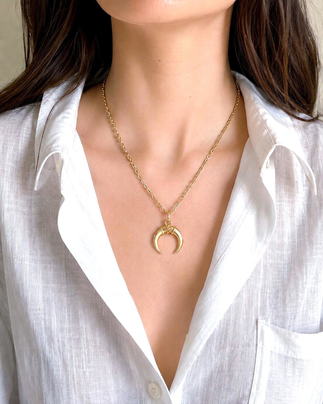 Horn Charm Pendant | Gold Sterling Silver Chain | Minimalist Jewelry