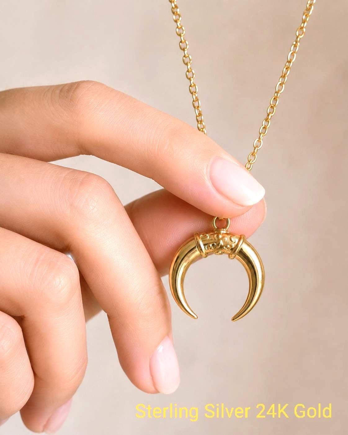 Half Moon Sterling Silver Pendant 24k Gold plated, Cresent Horn Pendant Necklace, Everyday jewelry