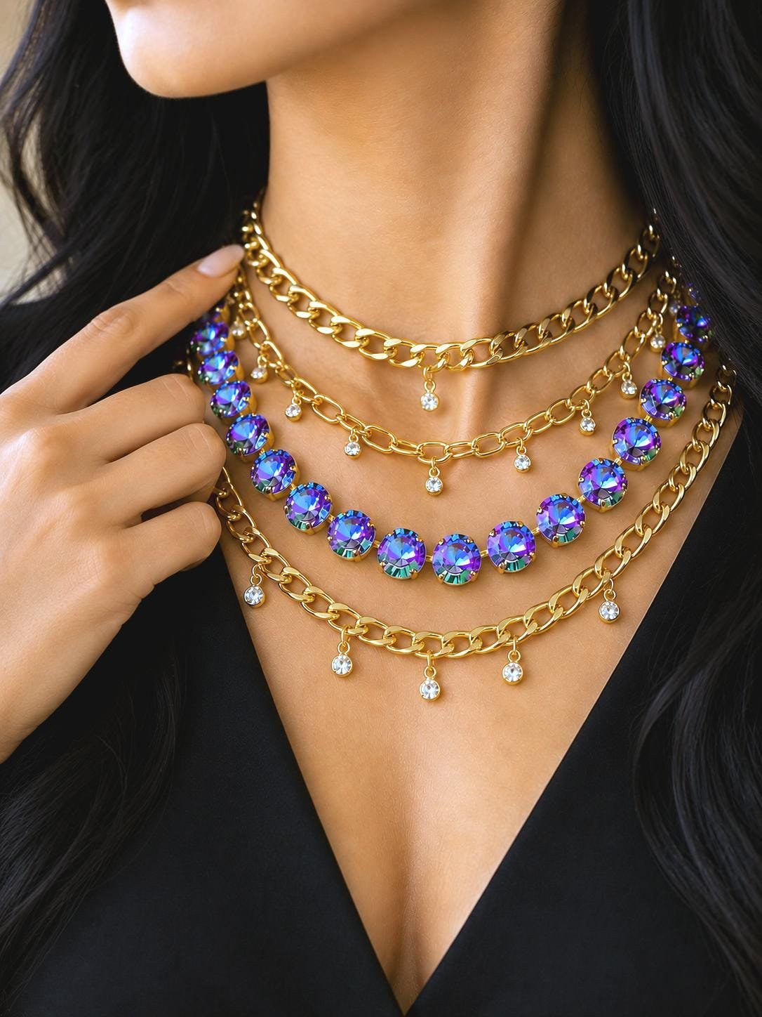 Layered gold chains necklace with Light Vitrail Austrian rivoli crystals on model wearing black V neck top