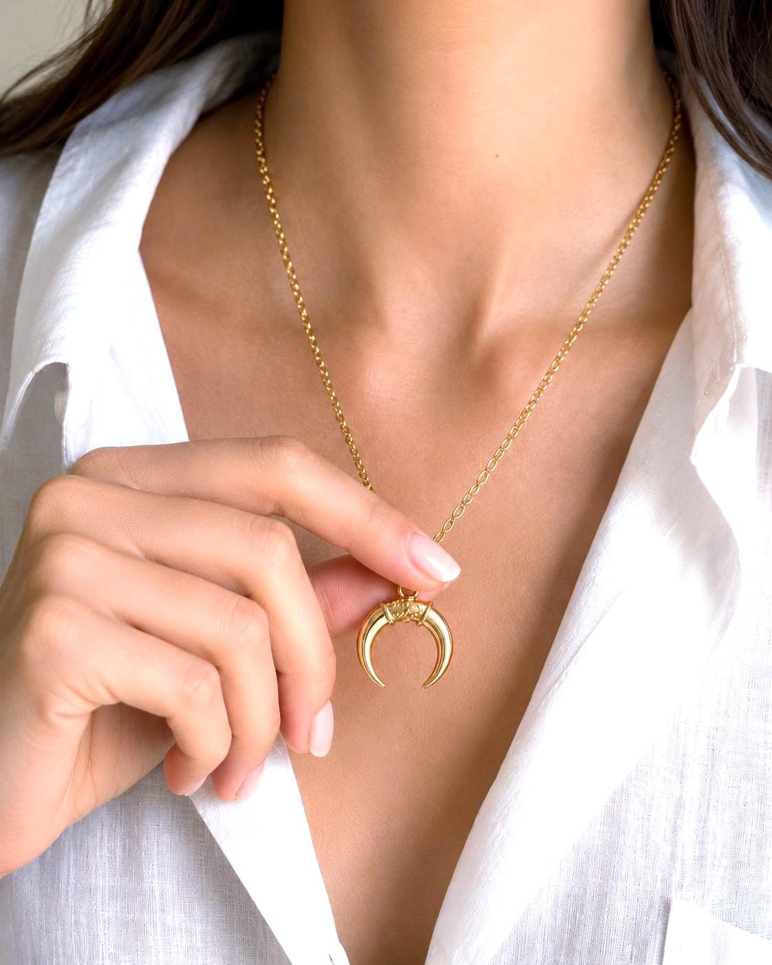 Minimalist gold horn necklace with polished crescent charm on sterling silver gold plated chain