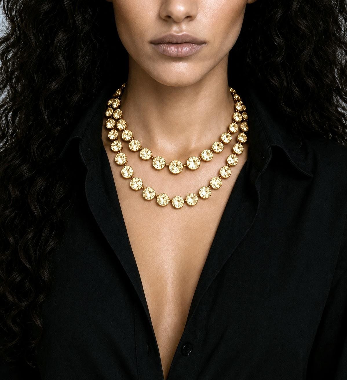 Layered champagne gold crystal necklace with large rivoli stones for bridal and evening wear
