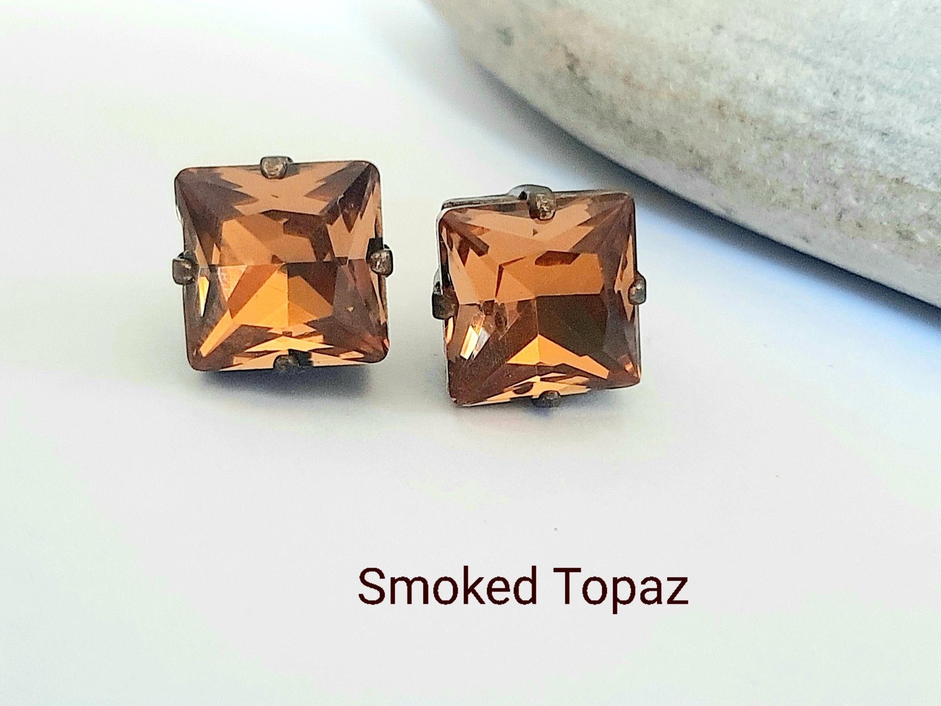 Smoked topaz crystal earrings, square swarovski studs