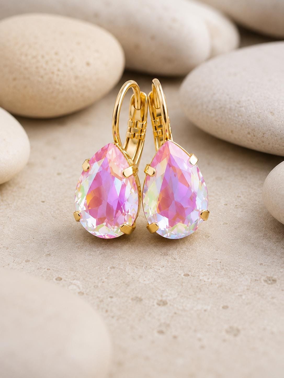 Pink Swarovski crystal earrings teardrop earring set in gold plating