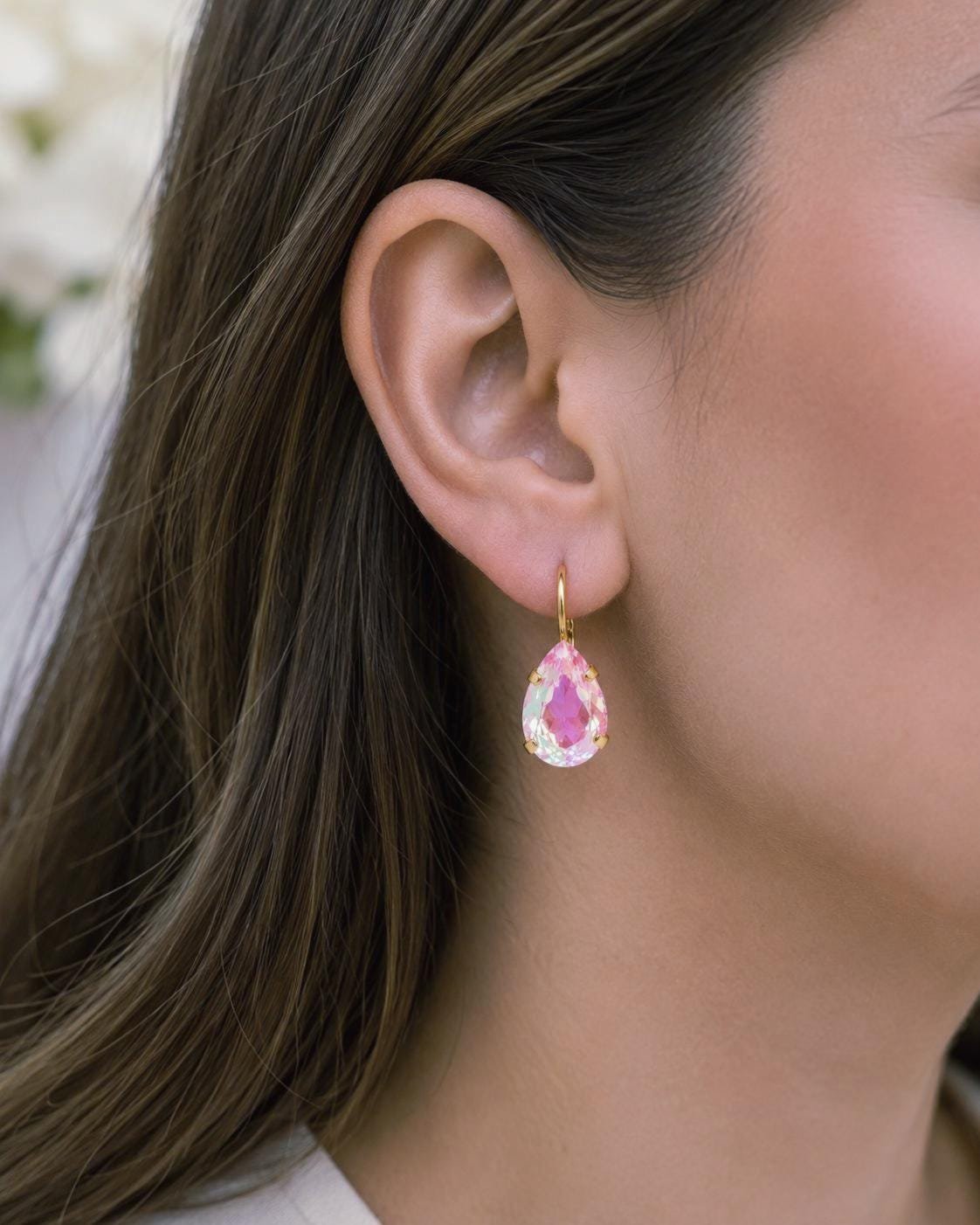 Pink Aurora Borealis Teardrop Earrings Gold Swarovski crystal Earring Set for the Summer Holidays
