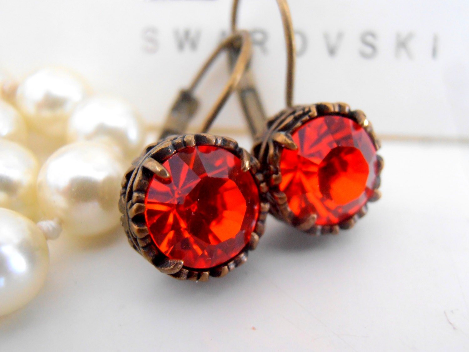 Hyacinth Orange Art Deco Crystal Earrings, Lever back Dangle Drop, Antique Bronze Jewelry, Filigree Prong Setting