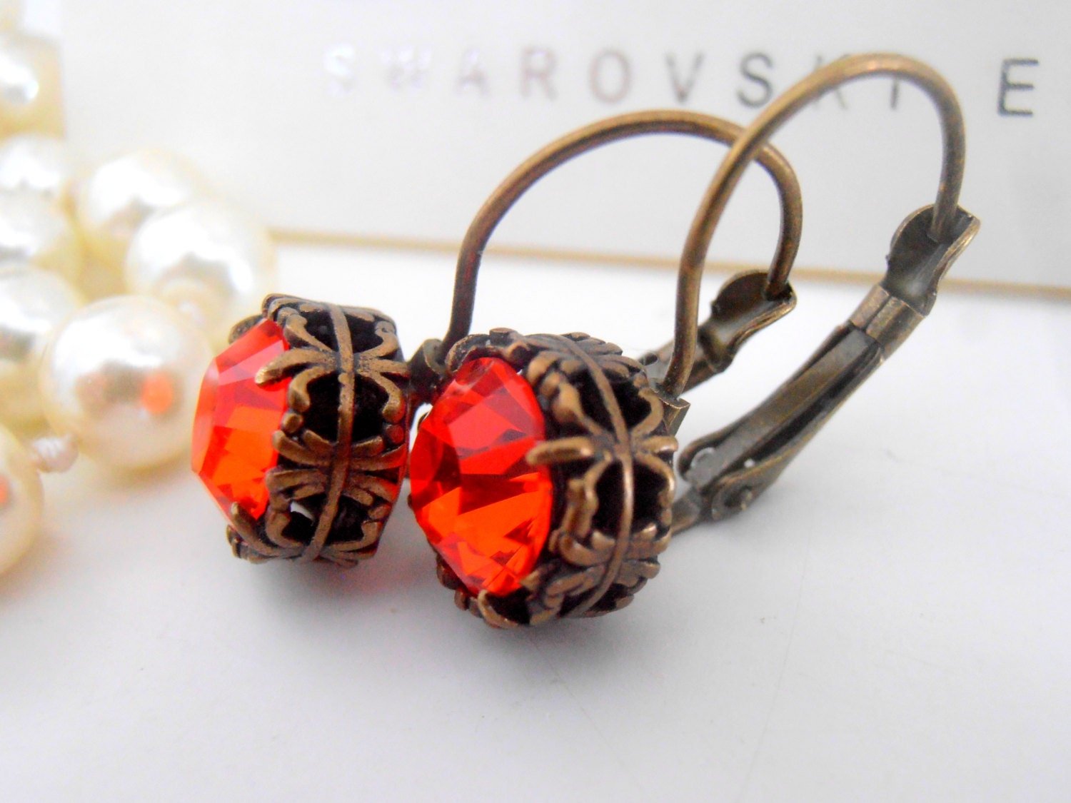 Hyacinth Orange Art Deco Crystal Earrings, Lever back Dangle Drop, Antique Bronze Jewelry, Filigree Prong Setting