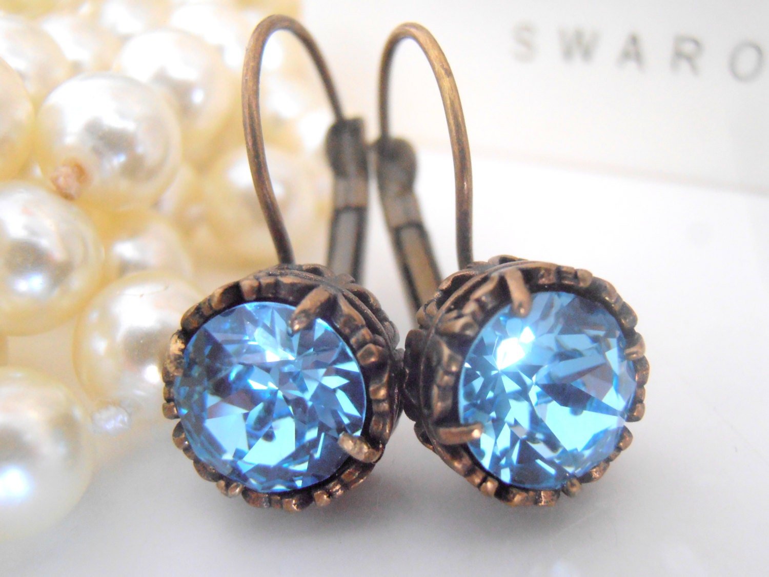 Aquamarine Blue Drop Earrings / Art Deco / Georgian Leverback Dangle Crystal Earrings / Antique Bronze / Filigree Vintage Jewelry