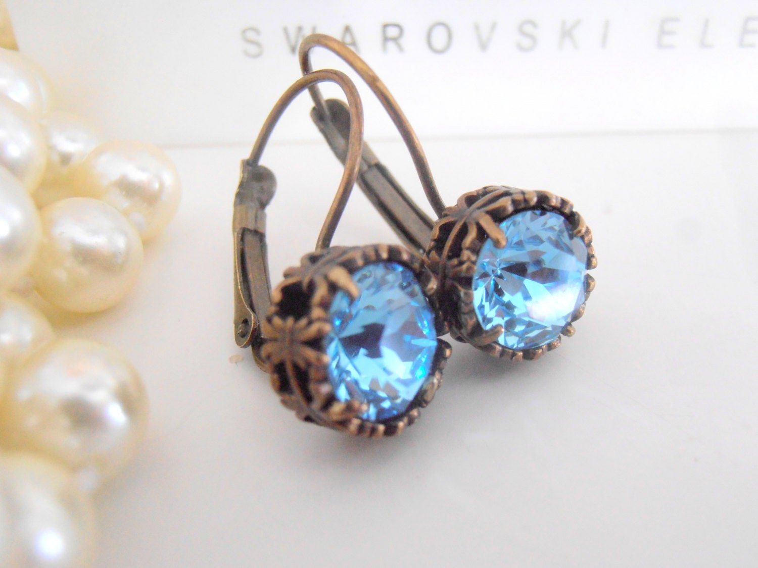 Aquamarine Blue Drop Earrings / Art Deco / Georgian Leverback Dangle Crystal Earrings / Antique Bronze / Filigree Vintage Jewelry