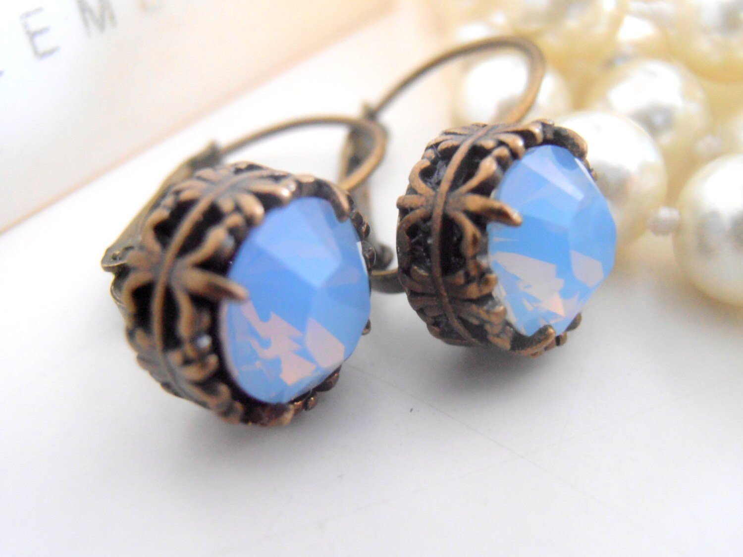 Air Blue Opal Art Deco Bronze Earrings, Dangle Drop Leverback, Filigree Antique Jewelry, Vintage Birthday Gift