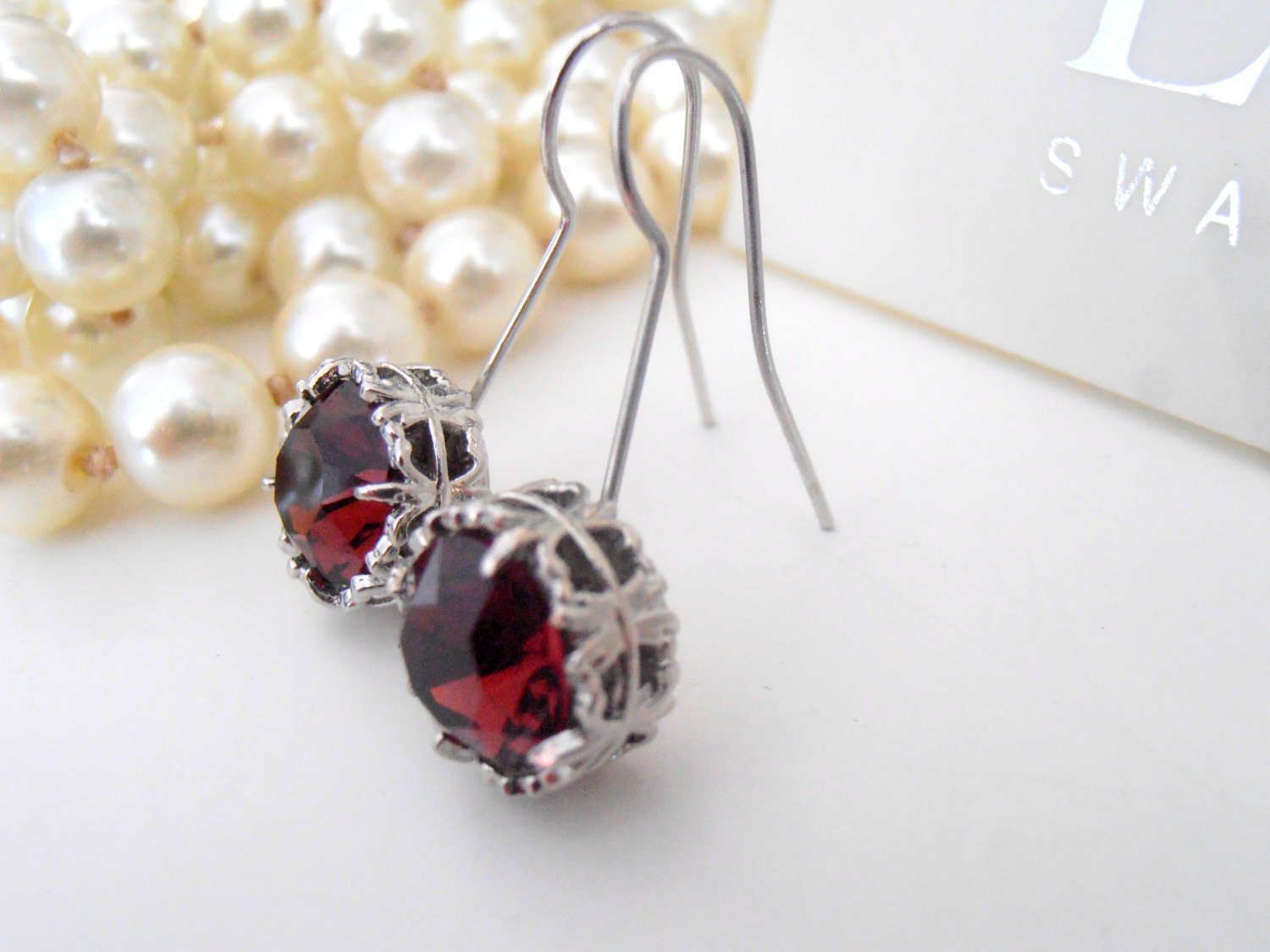 Burgundy Red Drop Filigree Earrings, Wedding Art Deco Crystal Jewelry, Wine Red Rhinestones, Hook Dangle